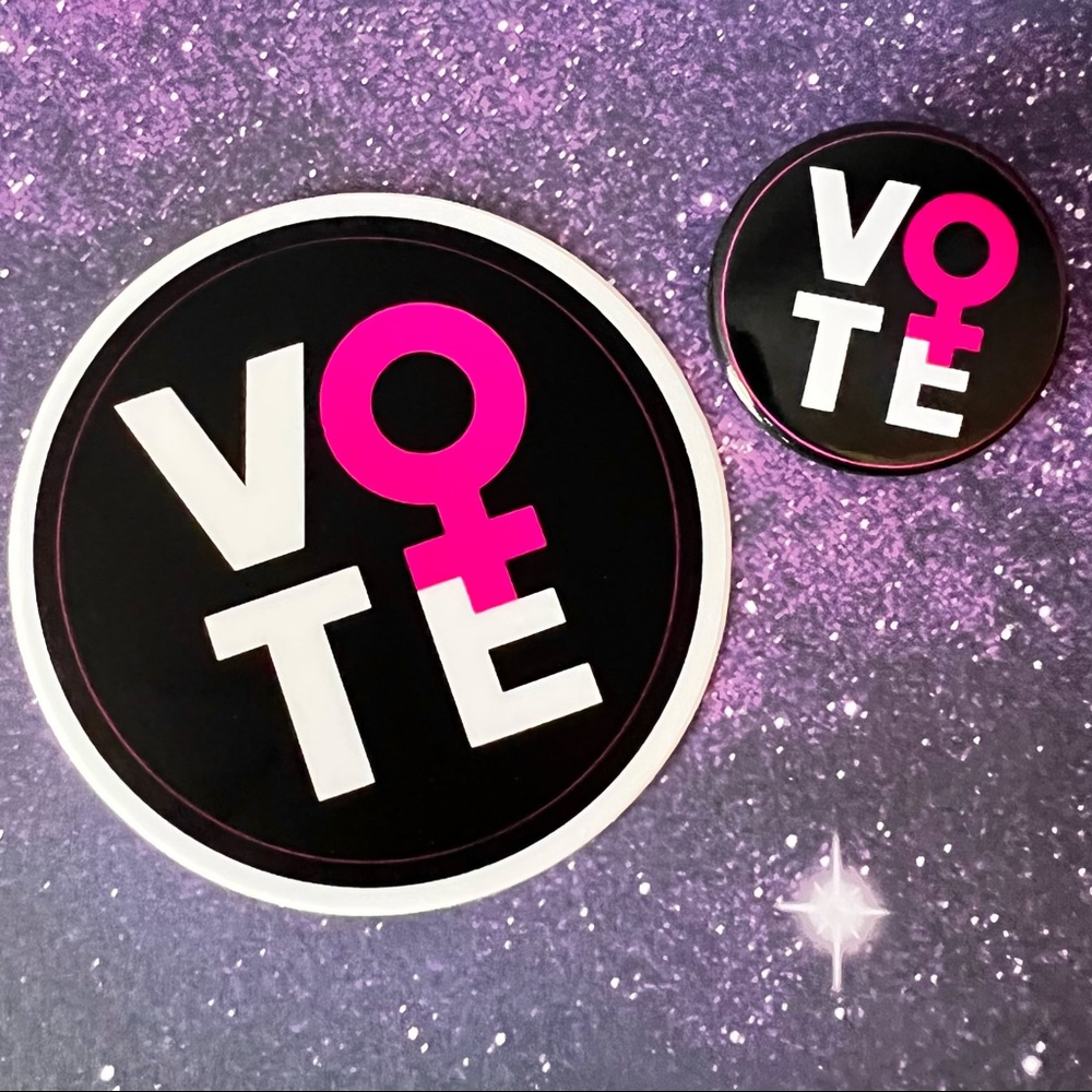 Girl VOTE Vinyl Sticker and Metal Button Set NEW!